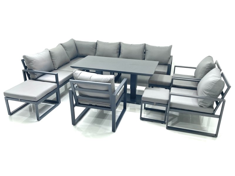 Fimous Aluminum Outdoor Garden Furniture Set Corner Sofa 3 Chair 3 Footstools Adjustable Rising Lifting Dining Table Sets Dark Grey