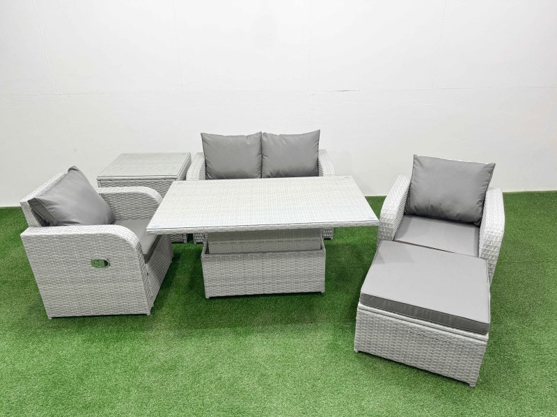 Fimous Light Grey PE Wicker Rattan Garden Furniture Set Sofa Set Reclining Chair Adjustable Lifting Dining or Coffee Table 5 Seater With Footstool Side Table