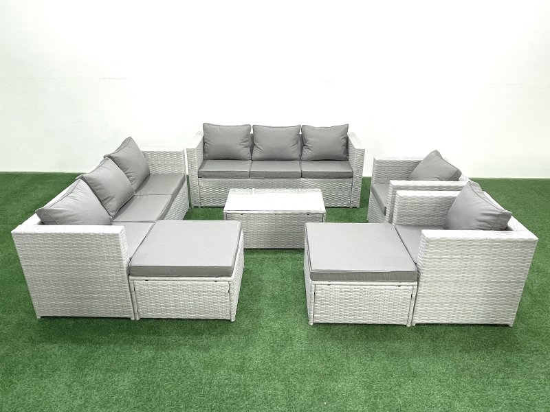 Fimous Outdoor Rattan Sofa Garden Furniture Set with 2 Armchairs Oblong Coffee Table 2 Big Footstools Light Grey Mixed