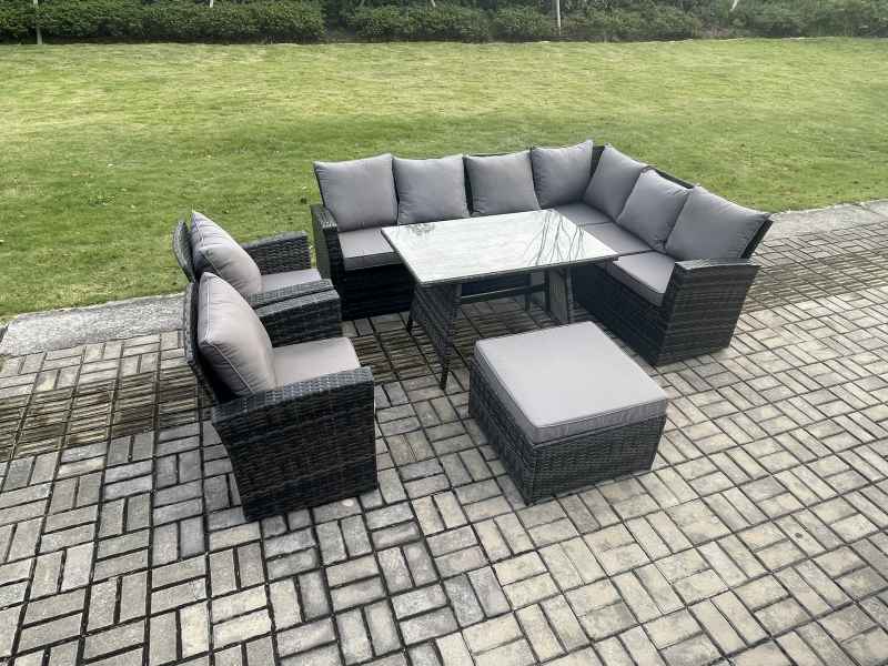 Fimous High Back Outdoor Garden Furniture Set Rattan Corner Sofa Dining Table Set With 2 Armchairs Big Footstool 9 Seater Dark Grey Mixed