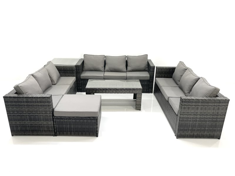 Fimous Outdoor Garden Furniture Set 10 Seater Rattan Sofa Set with Coffee Table Big Footstool Side Table Dark Grey Mixed