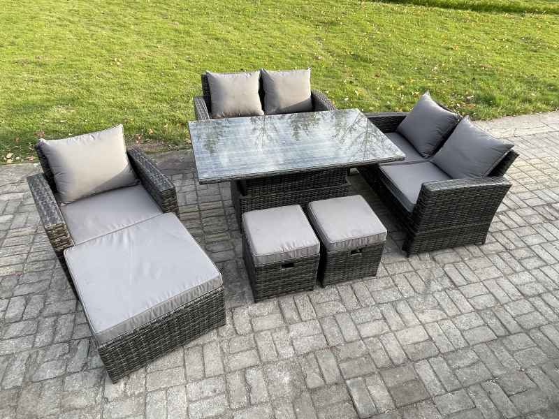 Fimous Outdoor Rattan Patio Furniture Set Garden Lounge Sofa Set with Rising Lifting Table 3 Footstools Dark Grey Mixed