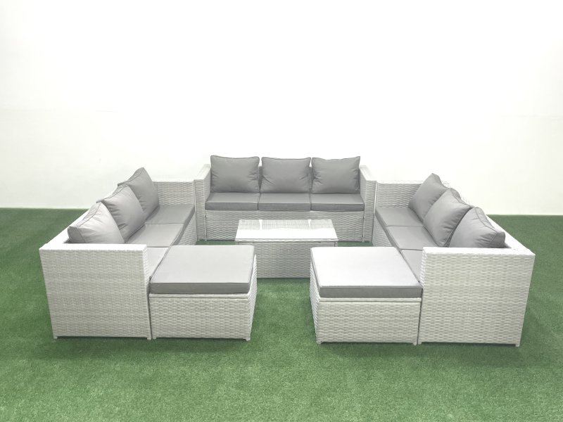 Fimous Rattan Garden Outdoor Furniture Set 11 Seater Garden Sofa Coffee Table Set with 2 Big Footstools Light Grey Mixed