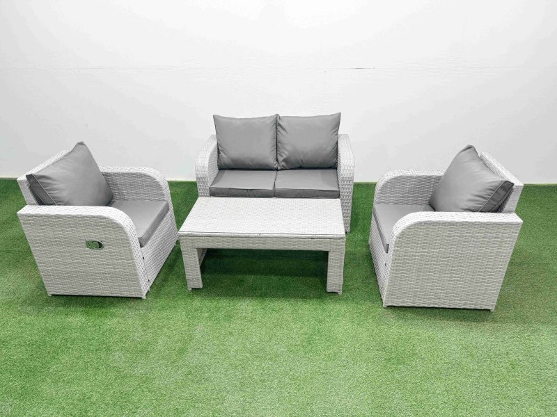 Fimous Light Grey PE Wicker Rattan Garden Furniture Set Sofa Set Reclining Adjustable Chair Oblong Coffee Table 4 Seater