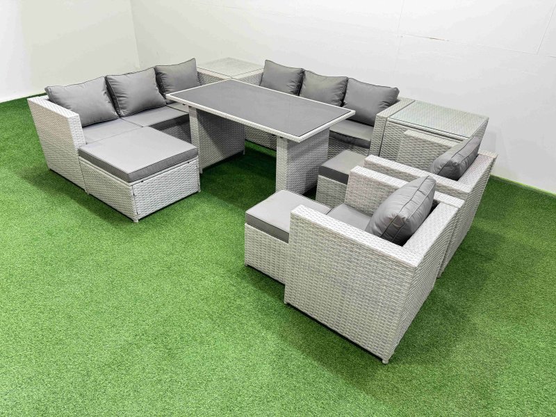 Fimous 11 Seater Wicker PE Rattan Furniture Outdoor Dining Table 3 Seater Sofa Armchair Set with 2 Side Tables 3 Stools Light Grey