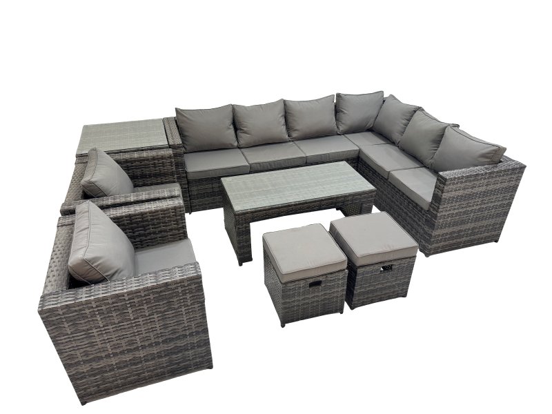 Fimous Outdoor Rattan Oblong Coffee Table Corner Sofa Sets Garden Furniture Set with 2 Chairs 2 Small Stools Side Table Dark Grey Mixed
