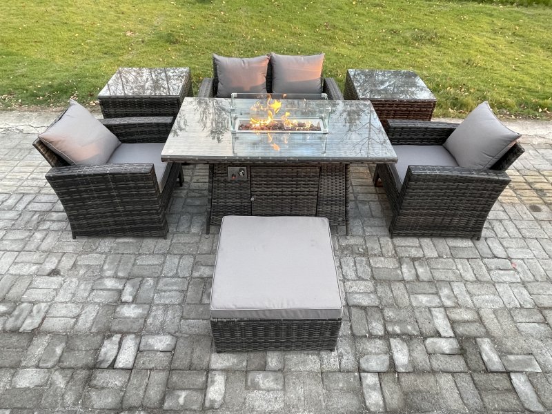 Fimous 5 Seater?Outdoor Rattan Sofa Set Garden Furniture Gas Firepit Dining Table Heater with 2 Side Tables Big Footstool Dark Grey Mixed