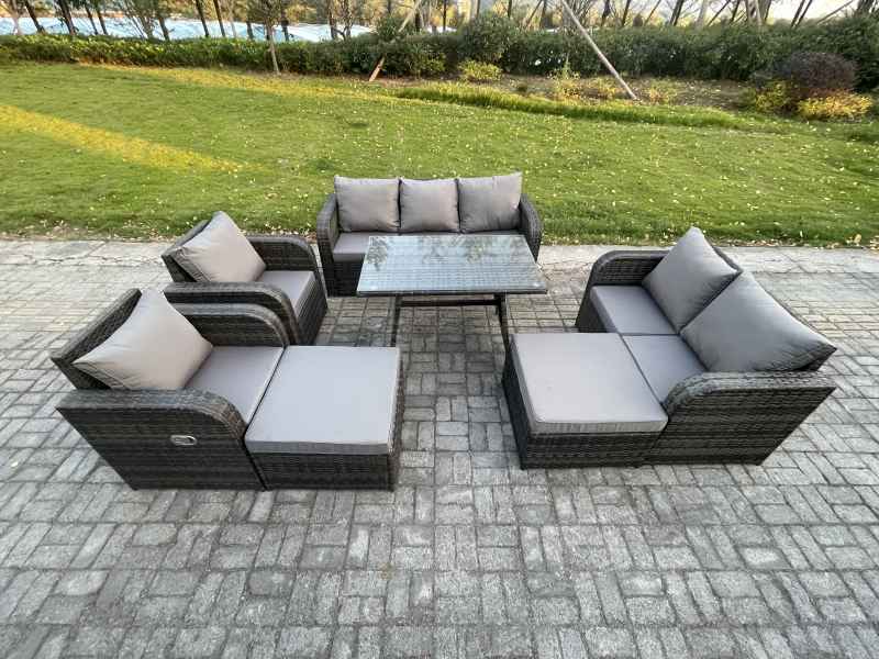 Fimous Rattan Garden Furniture Dining Set 9 seater Patio Rectangular Table 2 Big Footstool Love Sofa Dark Grey Mixed