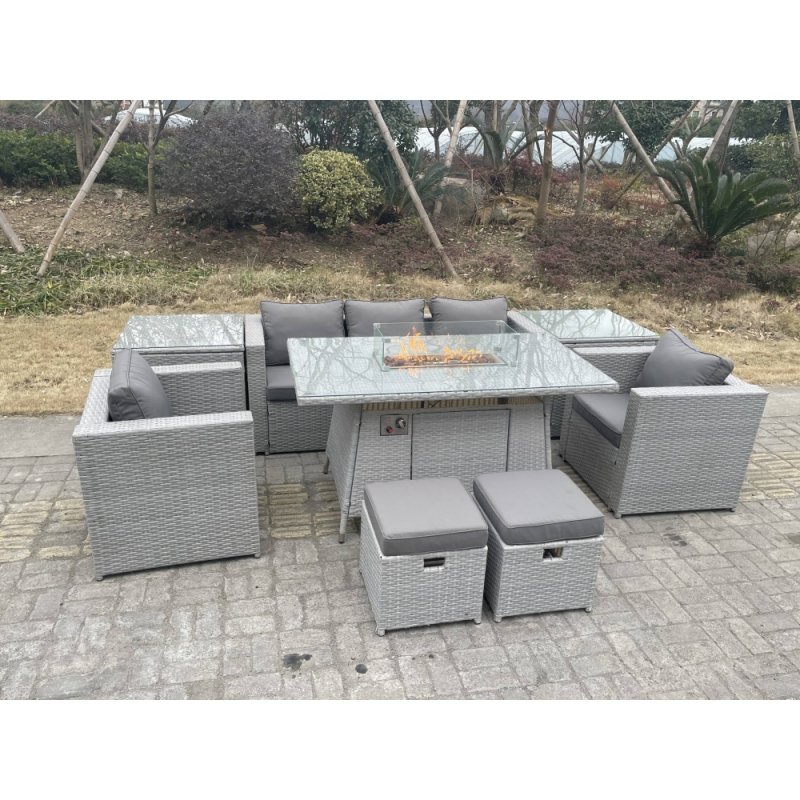 Fimous Rattan Garden Furniture Set Gas Fire Pit Lounge Sofa Chair Dining Set With 2 Side Table And 2 PC Arm Chair 2 Stools