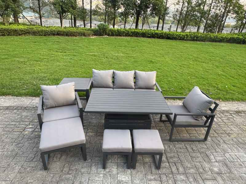 Fimous Aluminium Garden Furniture Sets 8 Seater Outdoor Sofa Set with Adjustable Rising Lifting Dining Table 2 Chairs 3 Footstools