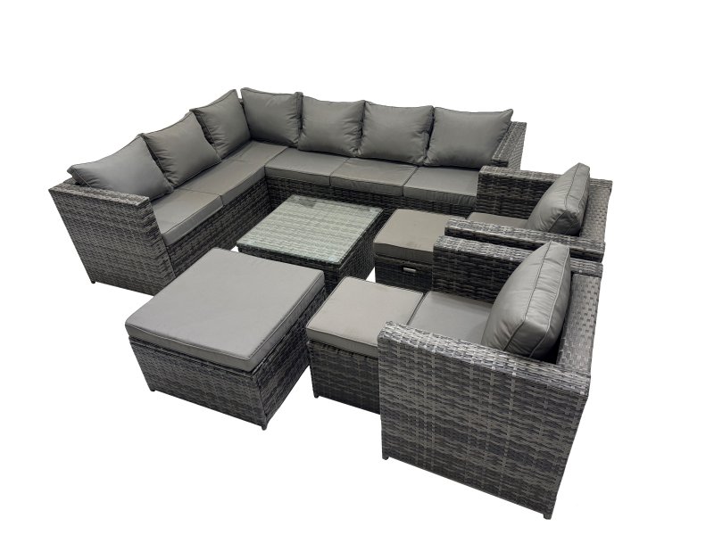 Fimous Rattan Garden Furniture Patio Furniture Sets with Corner Sofa 2 Chairs Square Coffee Table 3 Footstools Dark Grey Mixed