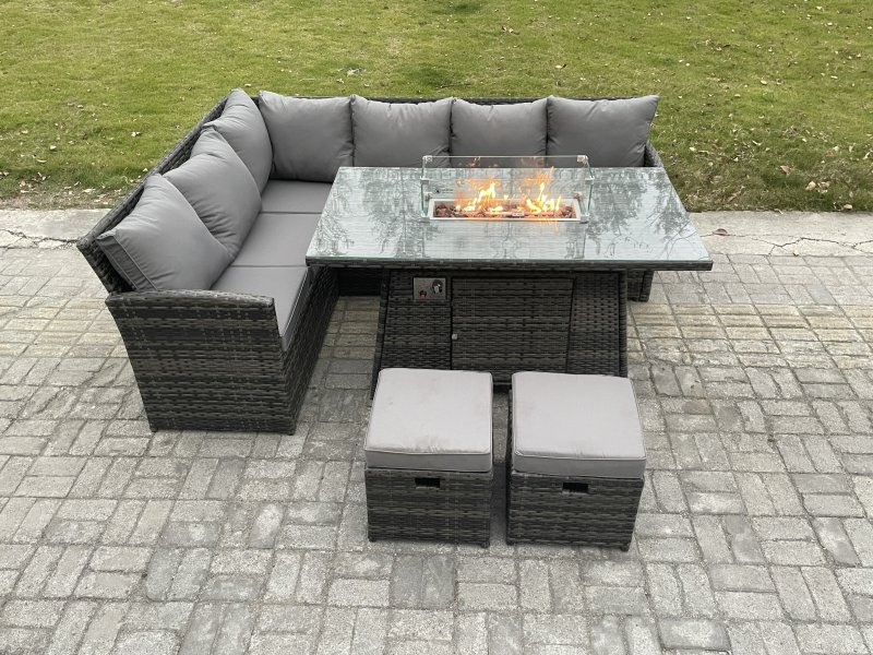 Fimous Rattan Garden Furniture High Back Corner Sofa Gas Fire Pit Dining Table Sets Gas Heater with 2 Small Footstools 8 Seater Dark Grey Mixed