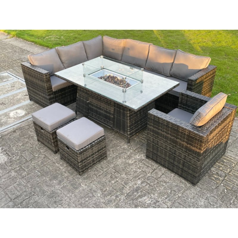 Fimous Outdoor Rattan Garden Furniture Corner Sofa Set Gas Fire Pit Table Sets Gas Heater Lounge Small Footstools Chair Dark Grey 9 Seater