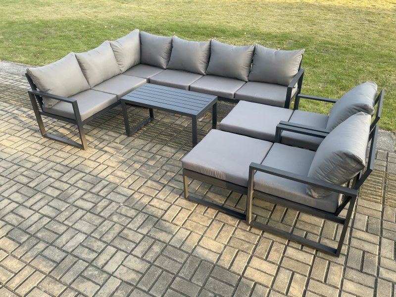 Fimous Aluminum 10 Seater Outdoor Lounge Corner Sofa Set Garden Furniture Sets with Oblong Coffee Table 2 Chairs 2 Big Footstool Dark Grey