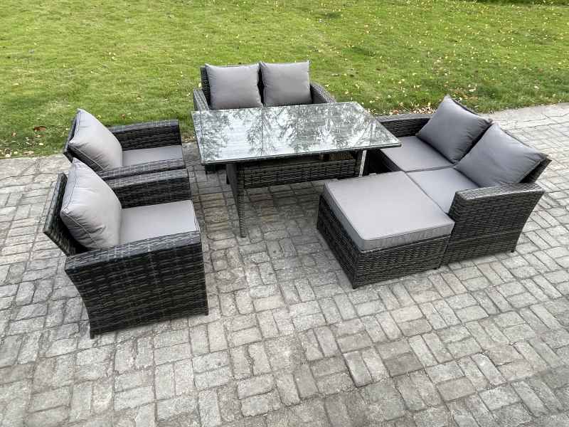 Fimous Rattan Garden Furniture Set 7 Seater Patio Outdoor Lounge Sofa Set with Oblong Dining Table Double Seat Sofa Big Footstool Dark Grey Mixed