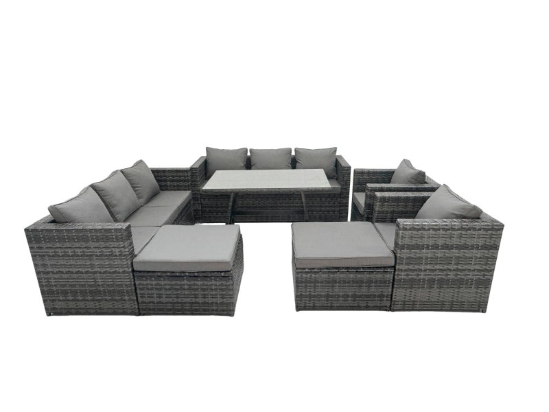 Fimous Rattan Dining Table Sofa Set with Armchair 2 Big Footstools Outdoor 10 Seat Garden Furniture Set Dark Grey Mixed