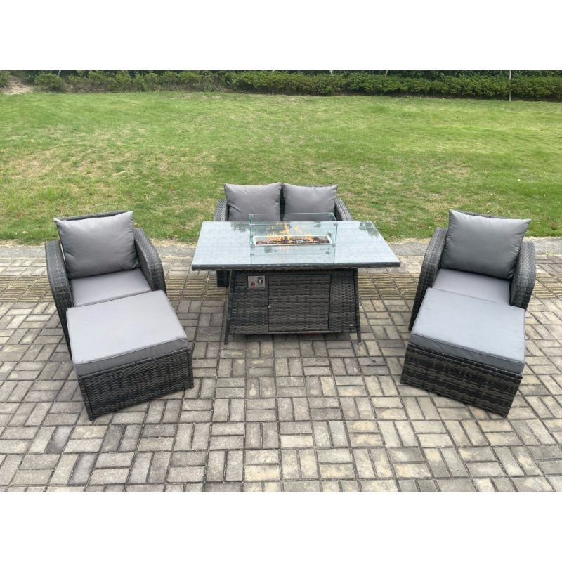 Fimous Rattan Outdoor Garden Furniture Sofa Set Gas Fire Pit Dining Table Gas Heater with Love Sofa 2 Big Footstool Dark Grey Mixed
