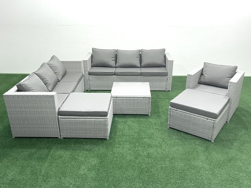 Fimous Wicker PE Rattan Sofa Garden Furniture Set with Armchair Square Coffee Table 2 Big Footstools Light Grey Mixed