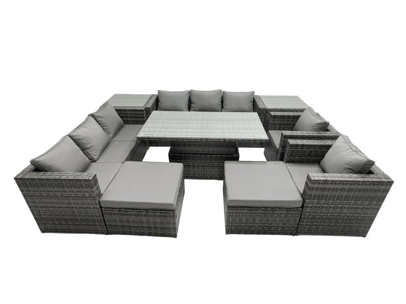Fimous Rattan Dining Table Sofa Set with 2 Side Tables 2 Armchair 2 Stools Outdoor 10 Seat Garden Furniture Set Dark Grey Mixed