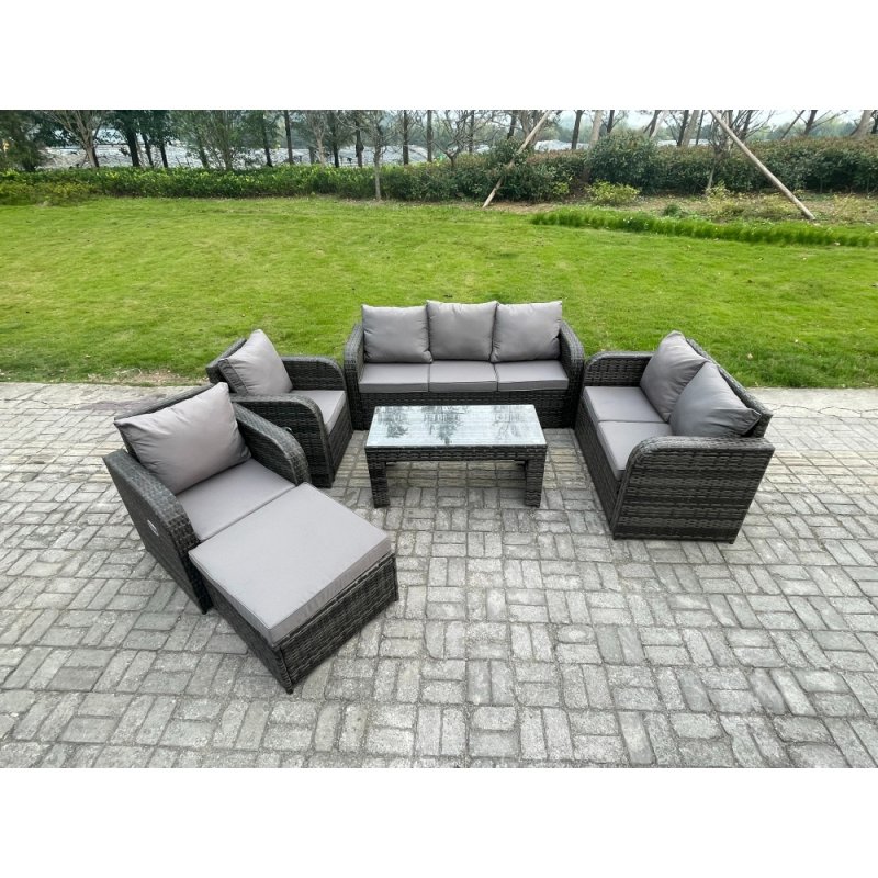 Fimous 8 Seater Outdoor Rattan Garden Furniture Set Patio Lounge Sofa Set with Rectangular Coffee Table Big Footstool Dark Grey Mixed