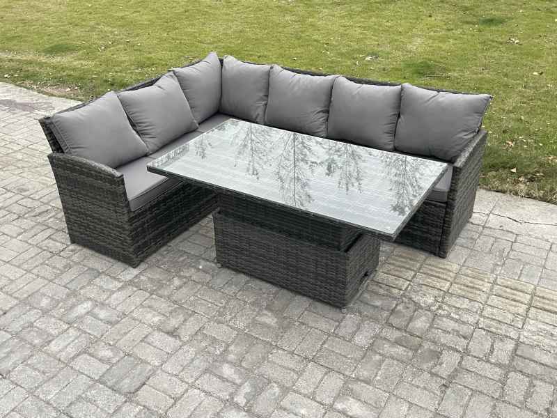 Fimous Wicker PE Outdoor Rattan Garden Furniture Set Height Adjustable Rising Lifting Table Sofa Dining Set with Dark Grey Mixed