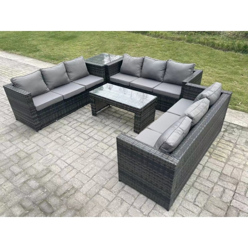 Fimous Outdoor Rattan Garden Furniture Lounge Sofa Set With Oblong Rectagular Coffee Table And Side Table