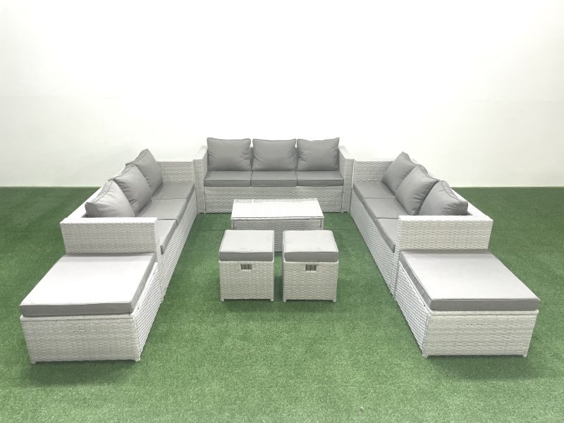 Fimous 8 Pieces Rattan Garden Furniture Set Outdoor Garden Sofa Coffee Table Set with 4 Footstools Light Grey Mixed