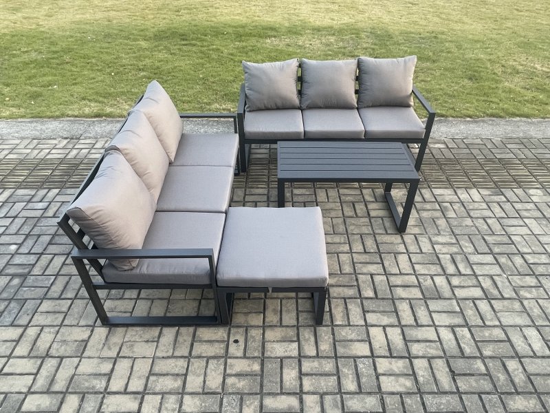 Fimous Aluminium 4 Pieces Outdoor Garden Furniture Lounge Sofa Set with Oblong Coffee Table Big Footstool Dark Grey