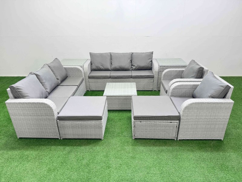 Fimous PE Rattan High Back Lounge Sofa Set Patio Square Coffee Table & Chairs Set with 3 Seater Sofa Reclining Chair 2 Big Footstool 2 Side Table Light Grey