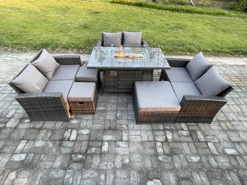 Fimous High Back Rattan Garden Furniture Sofa Sets with Outdoor Furniture Gas Firepit Dining Table Set 3 Footstools Dark Grey Mixed