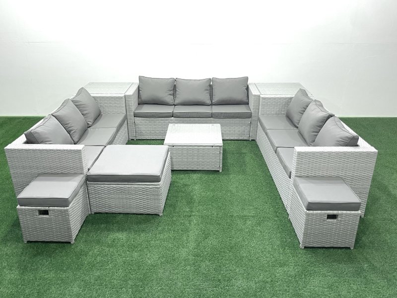 Fimous Rattan Garden Outdoor Furniture Set 12 Seater Rattan Garden Sofa Set with 3 Footstools 2 Side Tables Light Grey Mixed