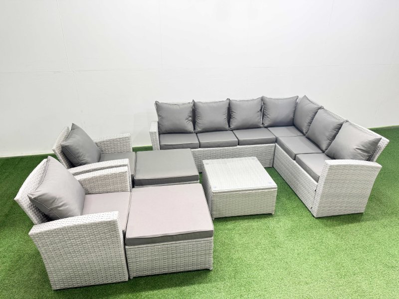 Fimous Rattan Garden Outdoor Furniture Set 10 Seater Rattan Garden Sofa Set with 2 Armchairs 2 Big Footstools Light Grey Mixed