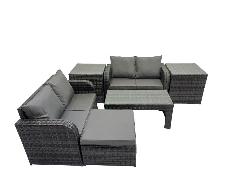 Fimous 3 Seater Sofa Reclining Chair Coffee Table Set Rattan Garden Outdoor Furniture Set with 2 Side Tables Big Stool Dark Grey Mixed