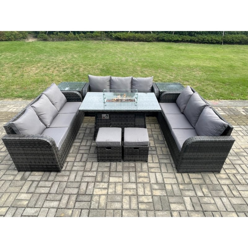 Fimous Outdoor Rattan Furniture Garden Dining Set Gas Fire Pit Table With 2 Side Tables Lounge Sofa 2 Small Footstool