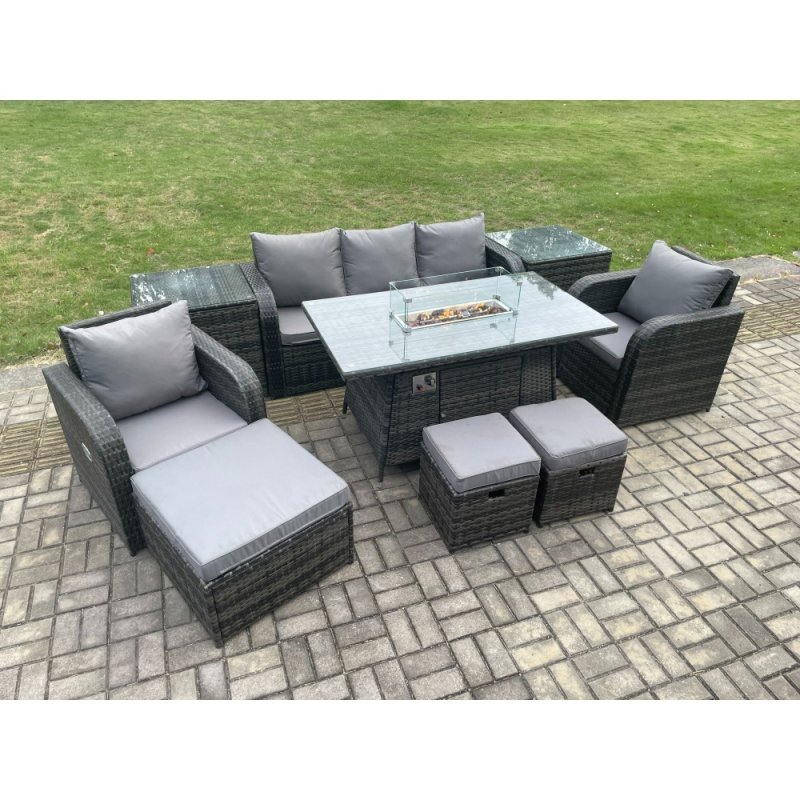Fimous Wicker Rattan Garden Furniture Sofa set Gas Fire Pit Dining Table Indoor Outdoor with 2 Side Table Chair 3 Footstools