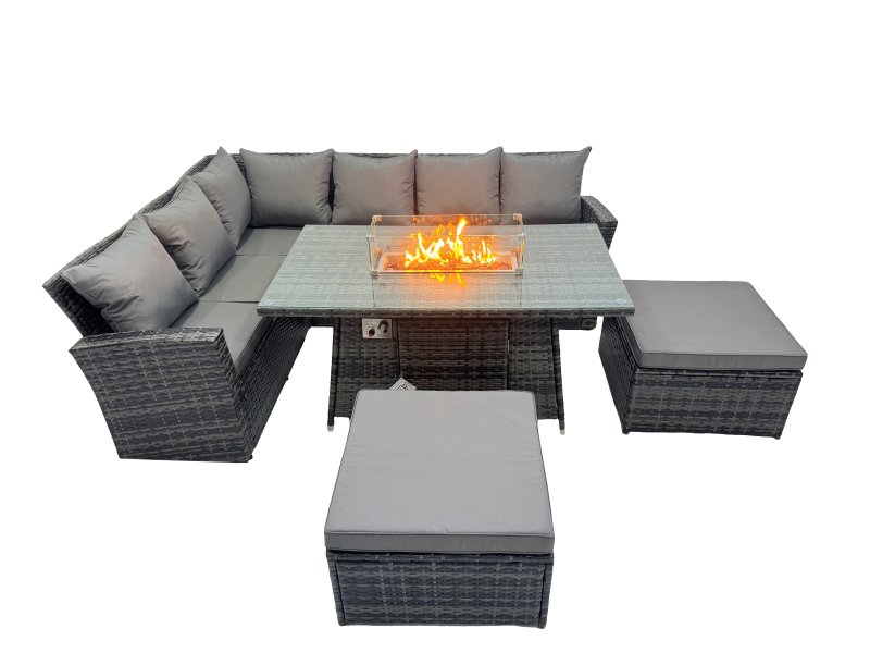 Fimous Poly Rattan Outdoor Patio Gas Firpit Dining Table Corner Sofa Set with 2 Big Stools for Garden Backyard Dark Grey Mixed