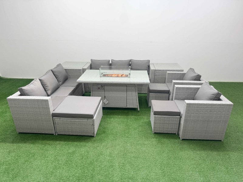 Fimous 11 Seat PE Rattan Lounge Sofa Set Outdoor Garden Furniture Set with Firepit Dining Table 3 Seater Sofa 3 Footstools 2 Side Table Light Grey