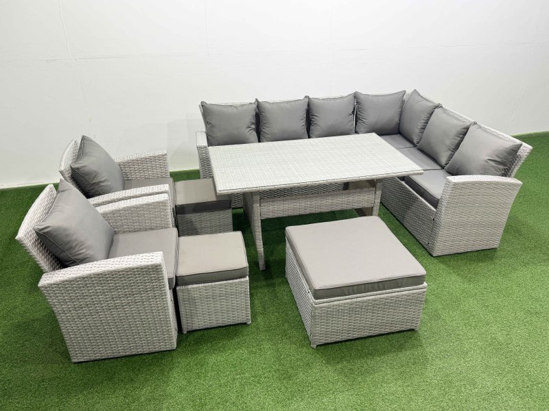 Fimous Rattan Garden Furniture Set Outdoor 11 Seater Patio Dining Corner Sofa Sets with Dining Table Chair 3 Footstools Light Grey Mixed
