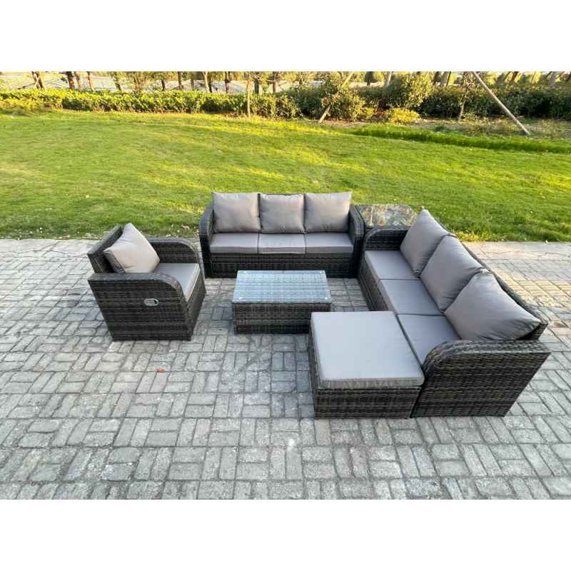Fimous 8 Seater Rattan Outdoor Garden Furniture Sofa Set Patio Table & Chairs Set with 3 Seater Sofa Reclining Chair 3 Seater Sofa Big Footstool Side Table Dark Grey Mixed