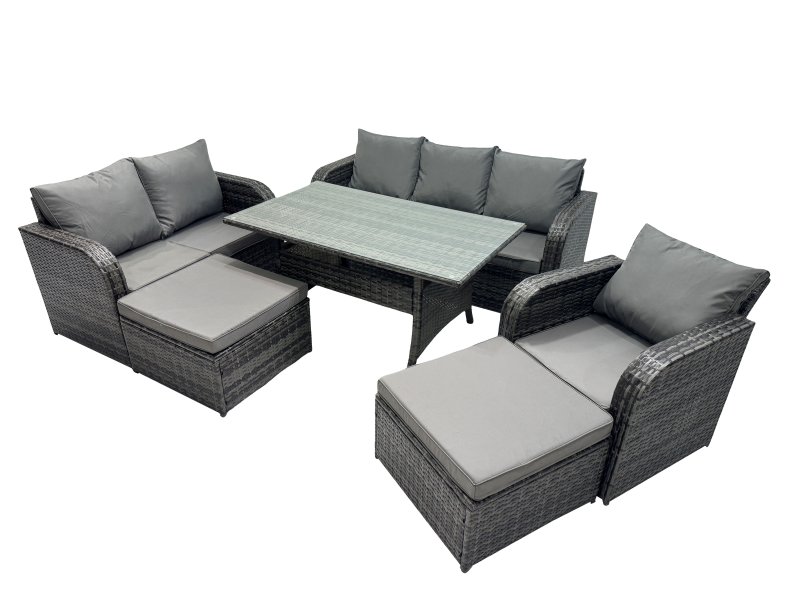 Fimous 8 Seat Outdoor Wicker PE Rattan Garden Furniture Set Dining Table Sofa Set with 2 Big Stools Dark Grey Mixed