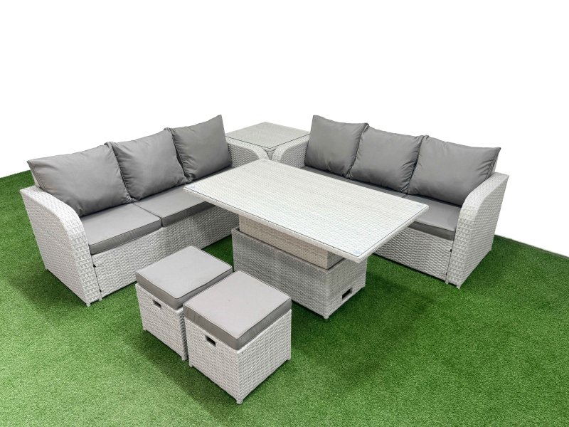 Fimous Outdoor Garden Furniture Sets 8 Seater Wicker Rattan Furniture Sofa Sets with Adjustable Lifting Dining or Coffee Table high Back Lounge Sofa Stools Side Table Light Grey