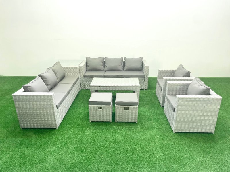Fimous Outdoor Garden Furniture Rattan Sofa Set with 2 Armchairs Oblong Coffee Table 2 Small Footstools Side Table Light Grey Mixed