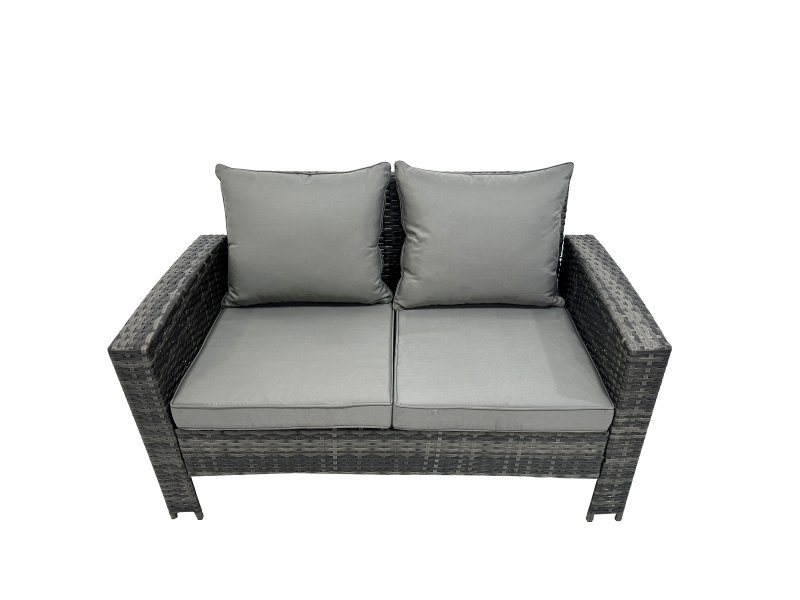 Fimous 6 Seater Wicker PE Rattan Furniture Outdoor Dining Table Double Seat Sofa Side Table 2 Big Stools Set Dark Grey Mixed