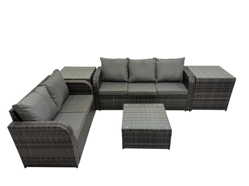 Fimous Rattan Garden Outdoor Furniture Set Love Sofa Square Coffee Table Sets with 2 Side Tables 2 Small Stools Dark Grey Mixed