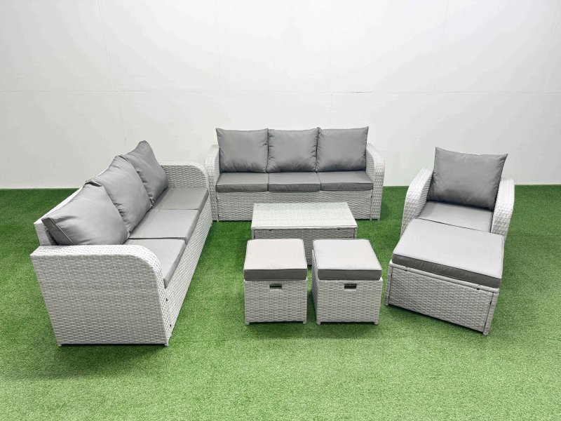 Fimous 10 Seater Poly Rattan Outdoor Garden Furniture Sofa Set Patio 3 Seater Sofa Reclining Chair 3 Seater Sofa 3 Stools Light Grey