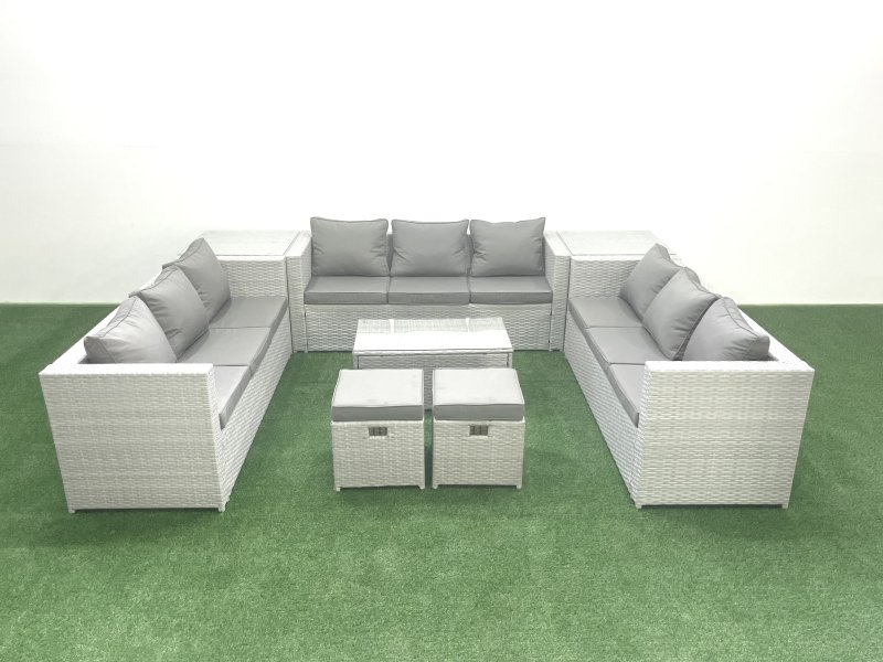 Fimous Rattan Garden Outdoor Furniture Set 11 Seater Garden Sofa Coffee Table Set with 2 Small Footstool 2 Side Tables Light Grey Mixed