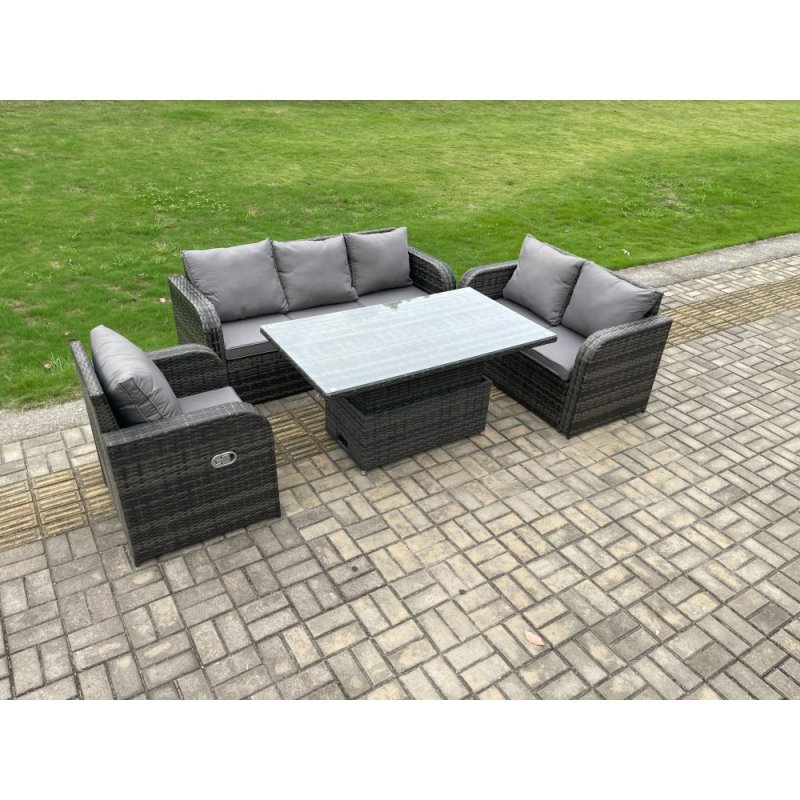 Fimous Outdoor Rattan Furniture Garden Dining Set Patio Height Adjustable Rising lifting Table with 3 Seater Sofa Reclining Chair Love Sofa Dark Grey Mixed