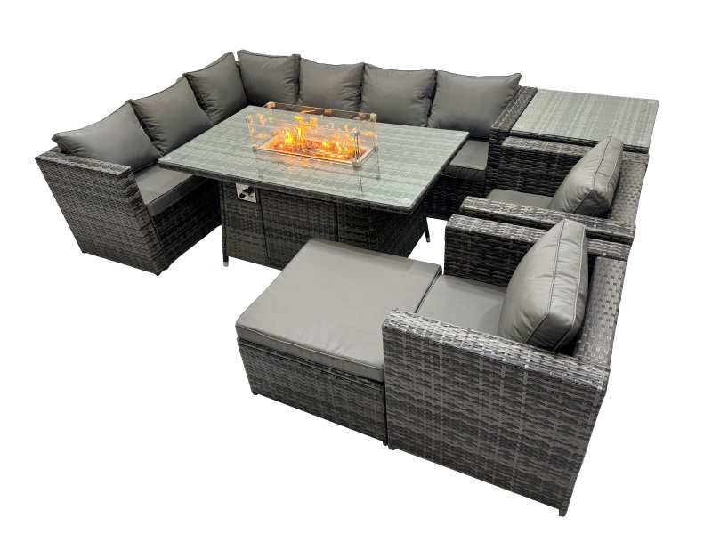 Fimous Rattan Garden Furniture Dining Set 9-seater Gas Firepit Dining Table Corner Sofa Set with Big Stool Side Table Dark Grey Mixed