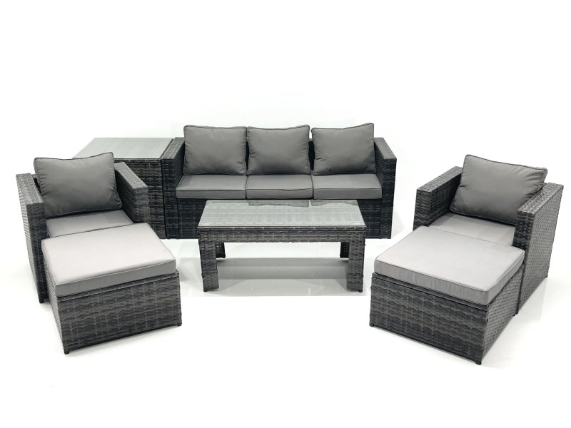 Fimous 7 Seater Rattan Garden Furniture Set Outdoor Lounger Sofa with Coffee Table 2 Armchair 2 Big Footstools Side Table Dark Grey Mixed
