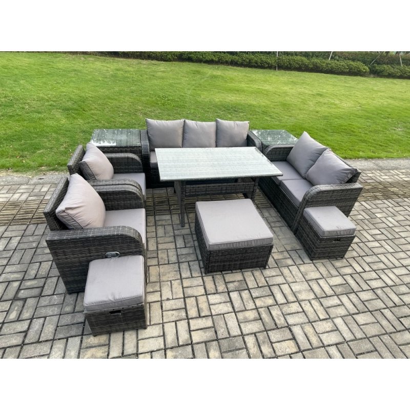 Fimous 10 Seater Garden Rattan Furniture Dining Table Sofa Set Indoor Outdoor with 2 Reclining Chairs 2 Side Tables 3 Footstools Dark Grey Mixed